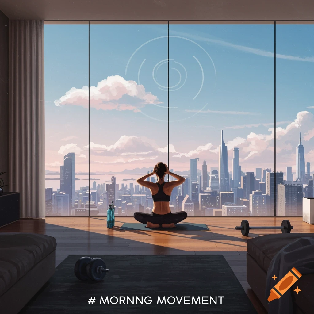 Digital illustration of a person doing yoga in a high-rise gym overlooking a city skyline.