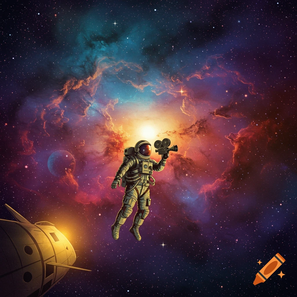Astronaut floats in space holding a vintage movie camera near a spacecraft.