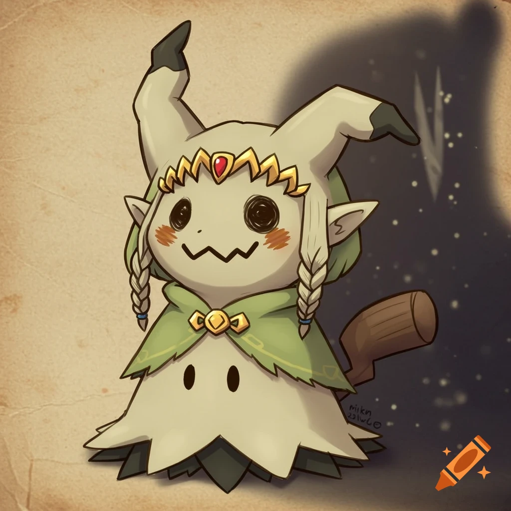 Chibi Mimikyu dressed as Princess Zelda, wearing a green cloak, crown, and golden braids.