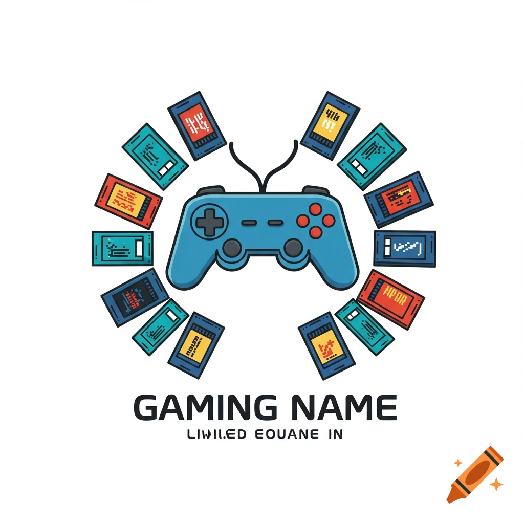 A logo illustration of a blue video game controller surrounded by colorful game cartridges, with text 'GAMING NAME'.