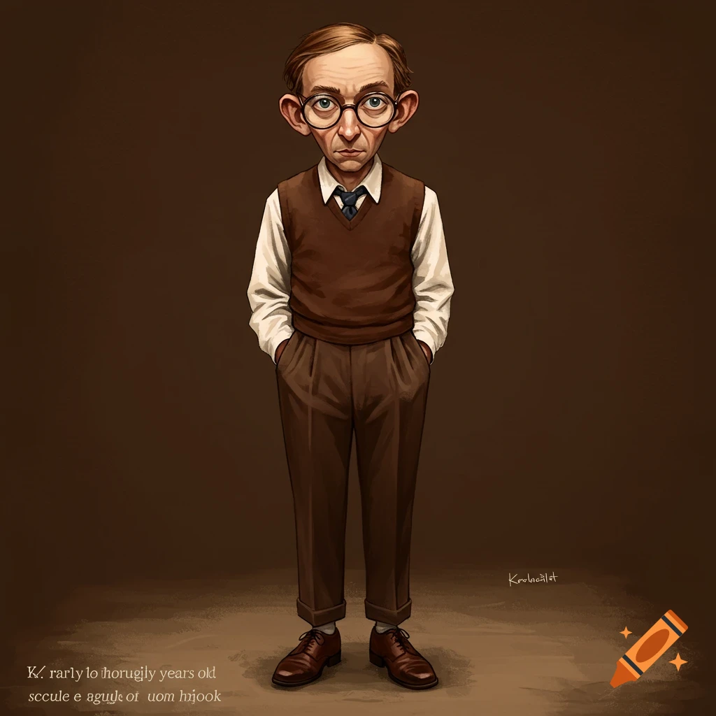 Full body illustrative portrait of a man wearing glasses, a brown vest, white shirt, and brown pants.