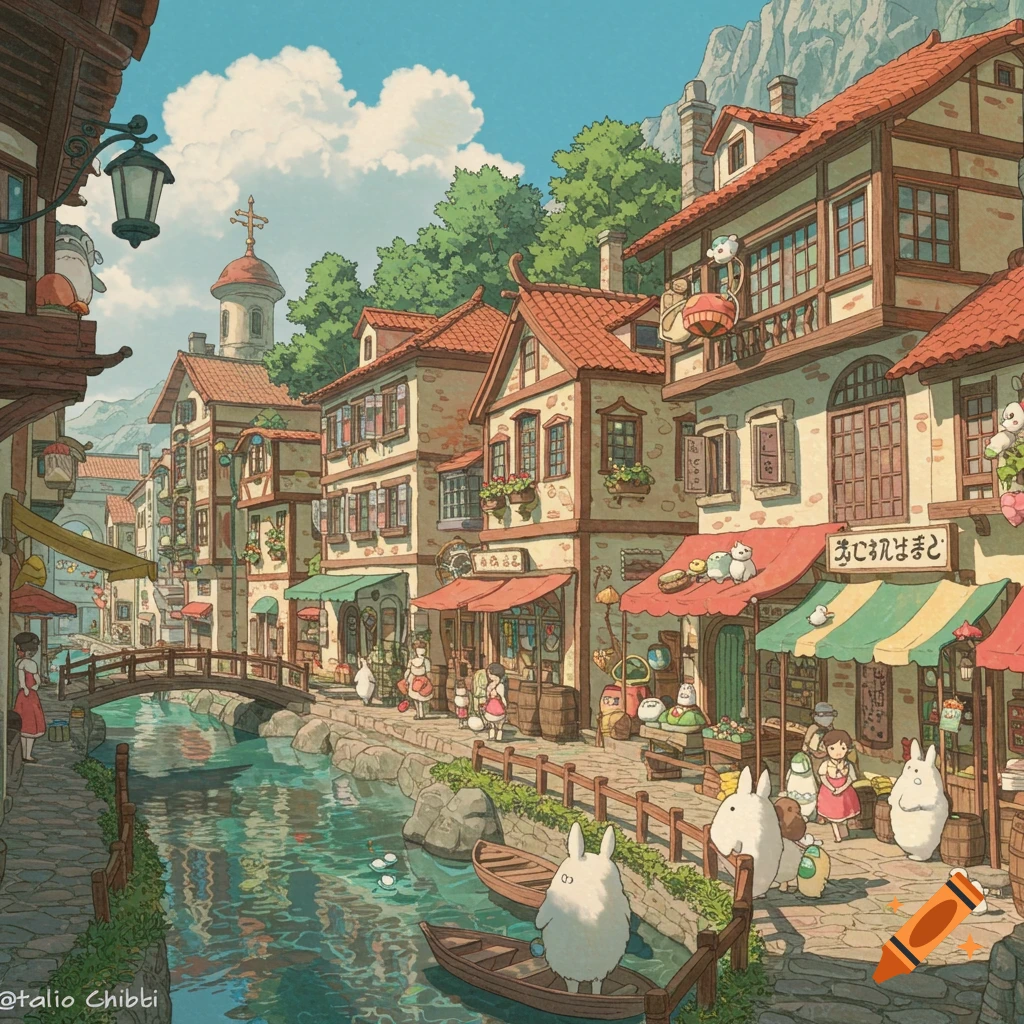 A Ghibli-style fantasy town street with a canal, shops, and cute white creatures.