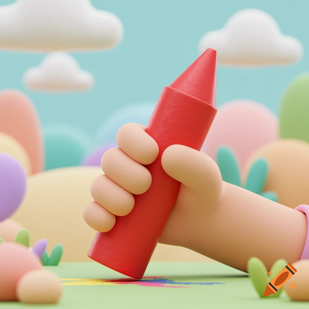 A cartoon hand holds a red crayon over a colorful scribble in a 3D art landscape.