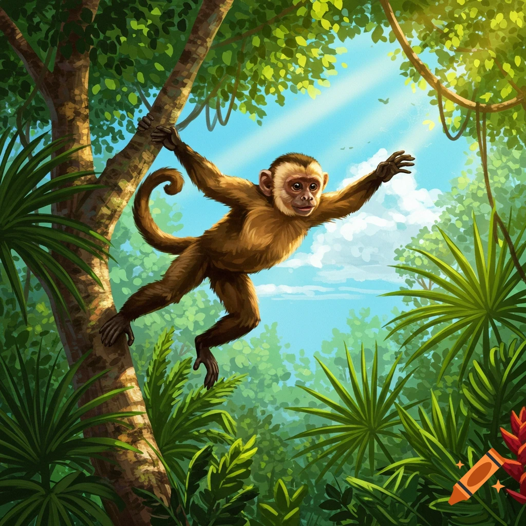 Illustration of a monkey climbing a tree in a bright jungle.