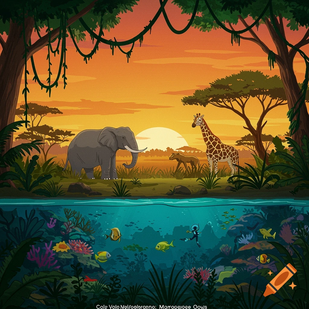 Cartoon illustration of a savanna scene with animals and an underwater reef.