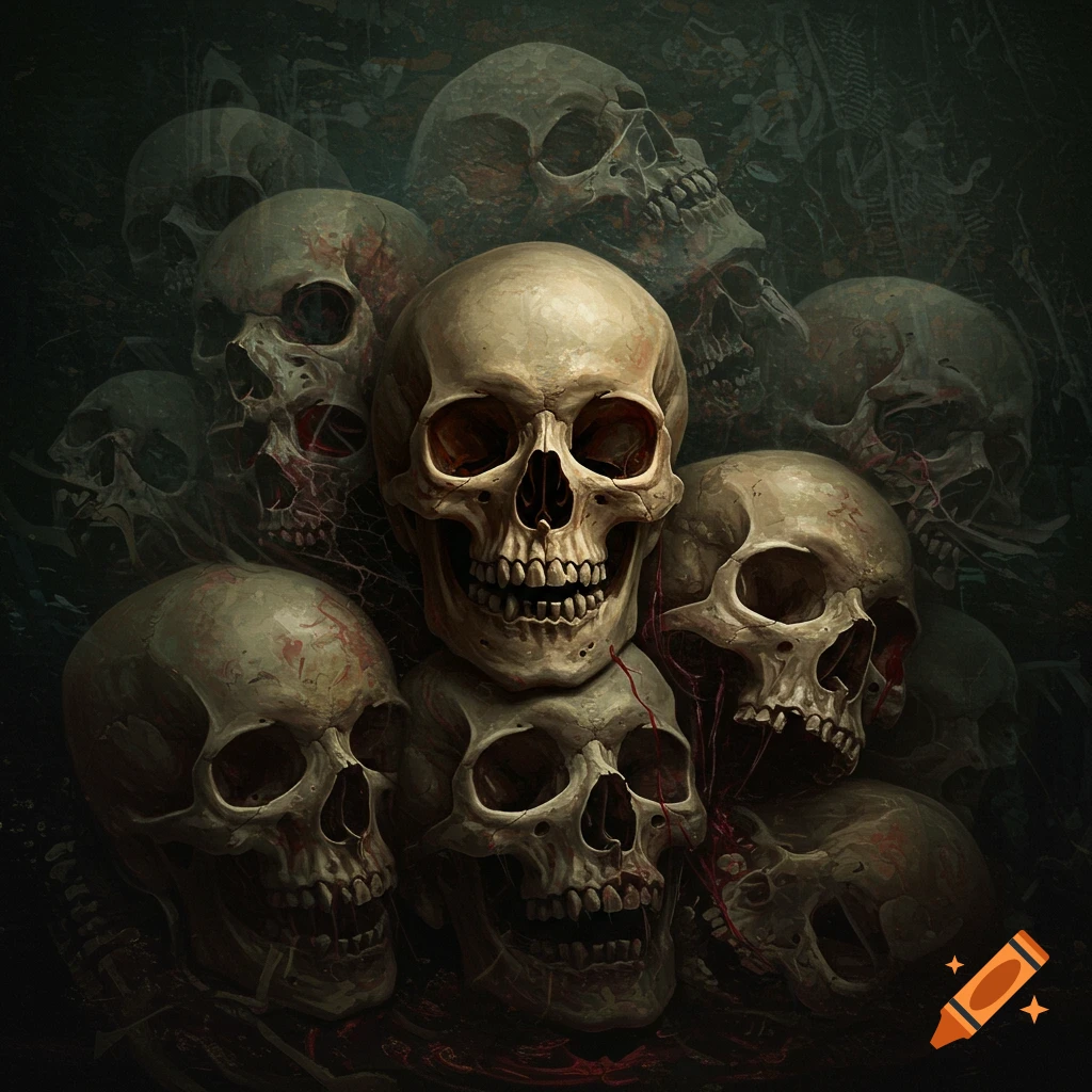 A dark, atmospheric image of a pile of human skulls.