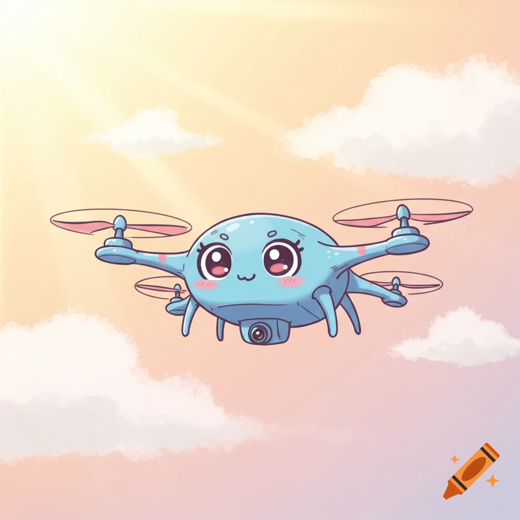 A cute cartoon drone flies in a sunny sky with clouds.