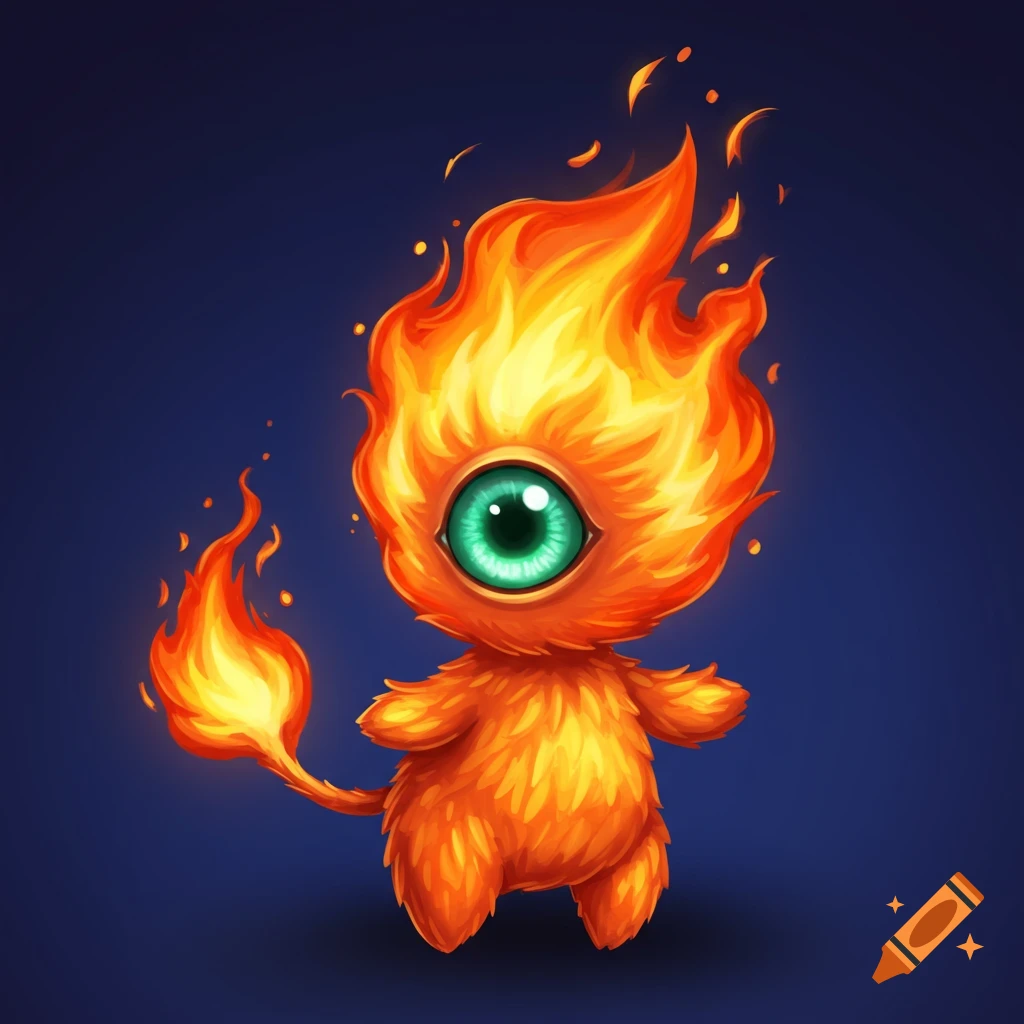 A small, fluffy fire creature with one large green eye and a flame tail.