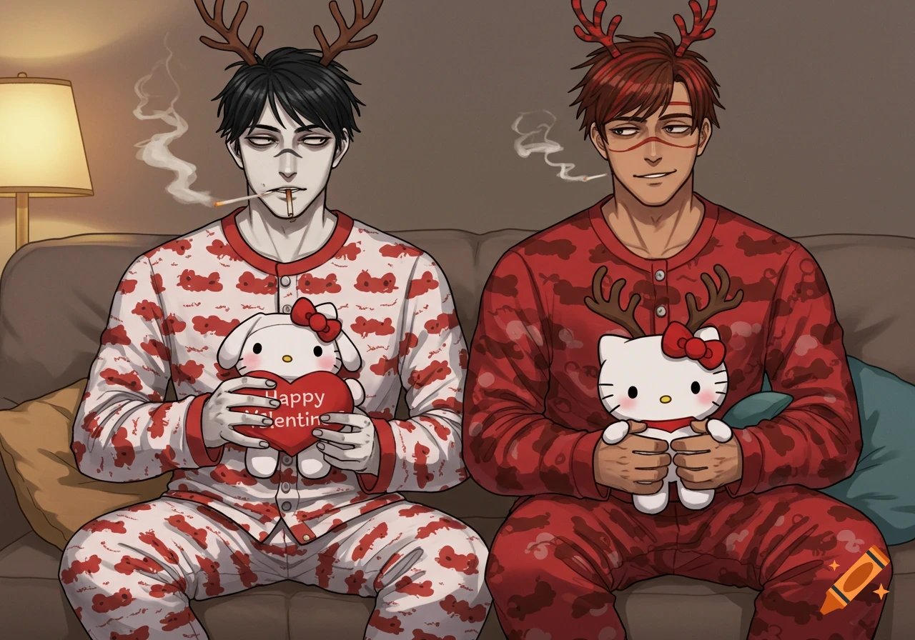 Two men in pajamas with antlers sit on a couch, holding Hello Kitty plushies, illustration style.