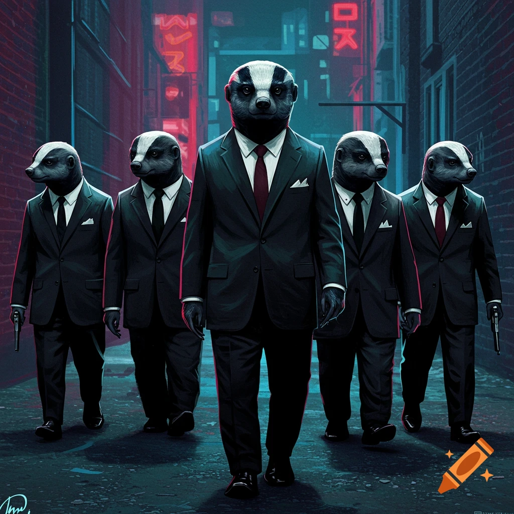 Five badgers in black suits walk down a neon-lit street, holding guns.