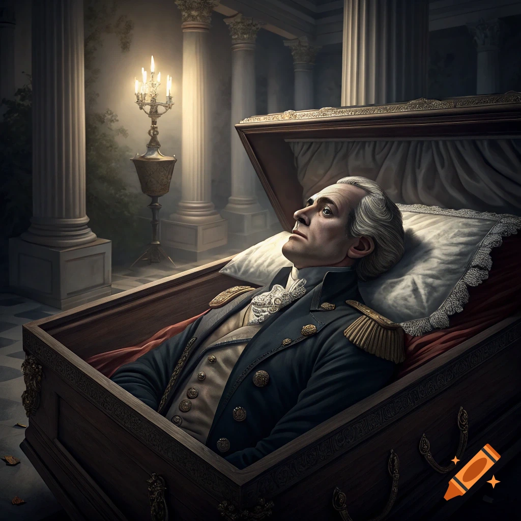 Realistic painting of Benedict Arnold lying in a casket in a classical building with pillars and a lit candelabra.