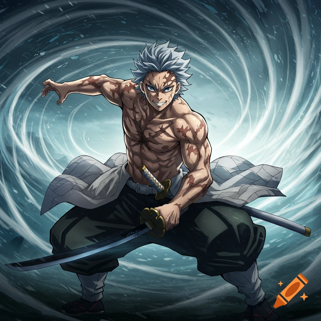 Muscular anime man with scars and white hair holding a sword, surrounded by wind.