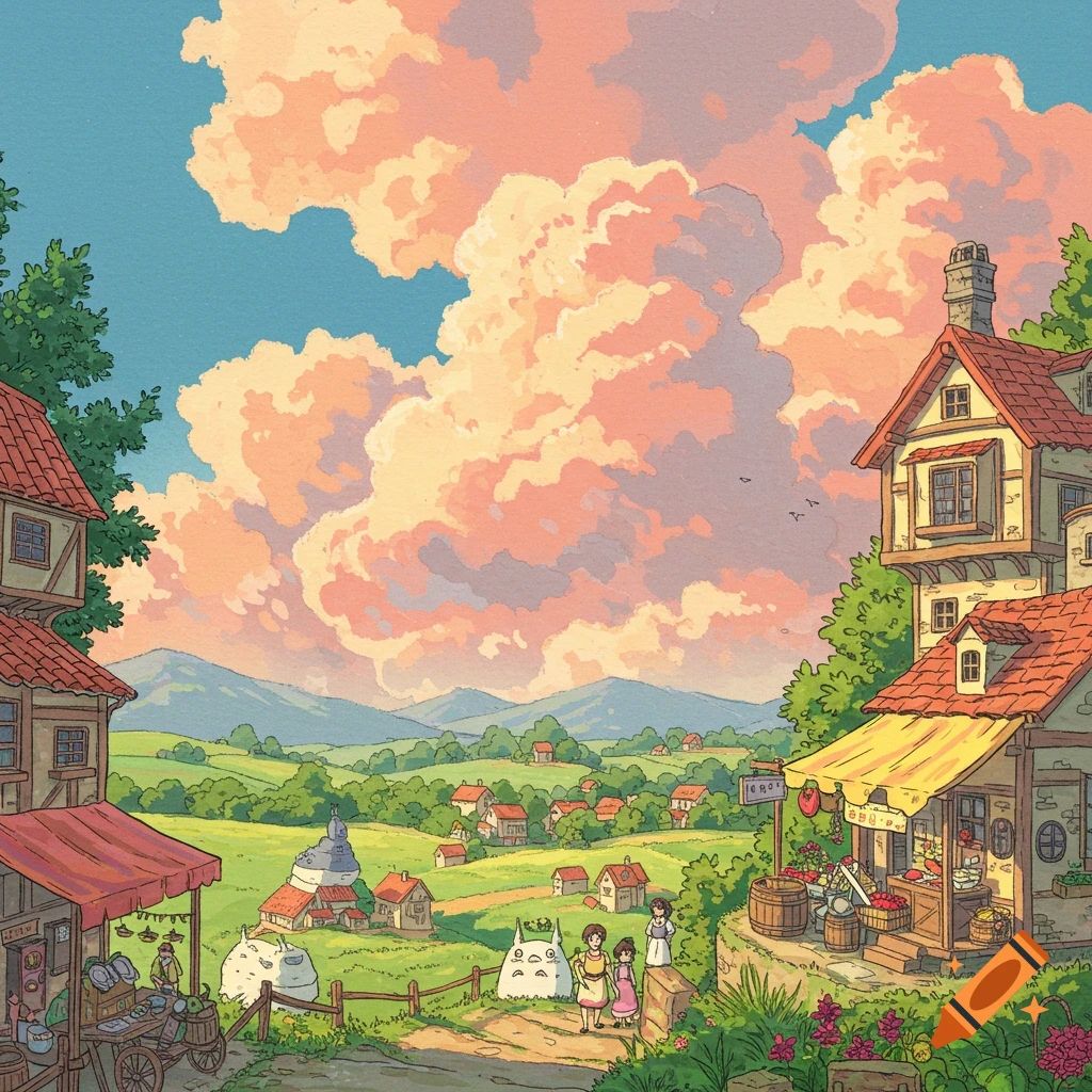 Ghibli-style illustration of Totoro and children in a village landscape under pink clouds.