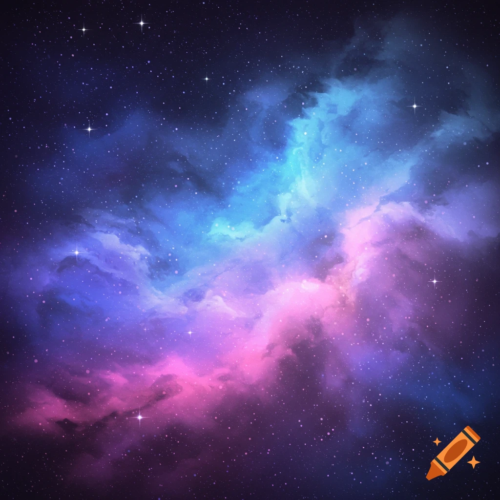 Vibrant purple, pink, and blue nebula in a starry space background.