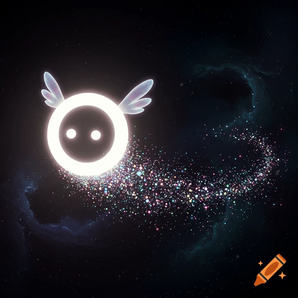 A glowing white circular creature with wings and a colorful particle trail flies through dark space.