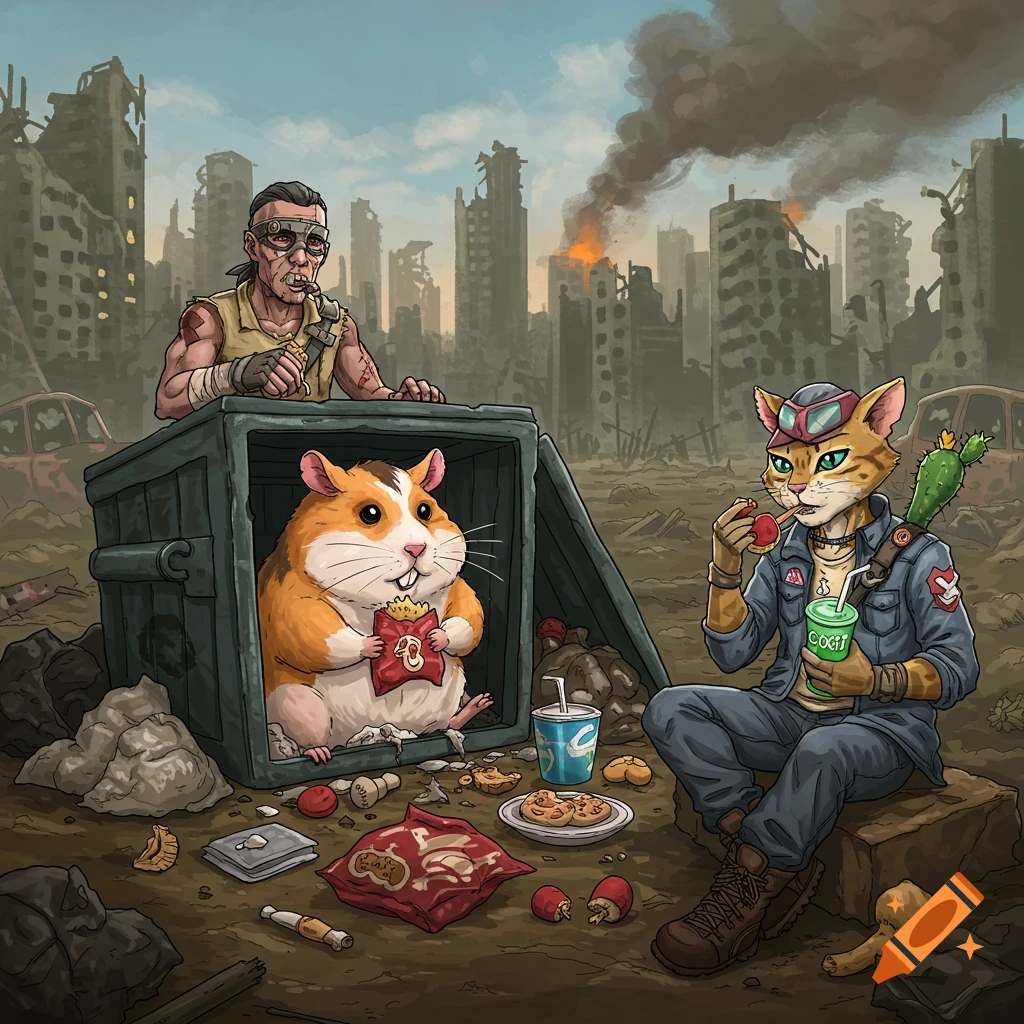 Illustration of a hamster in a dumpster, a cat person, and a human eating and drinking in a destroyed city.