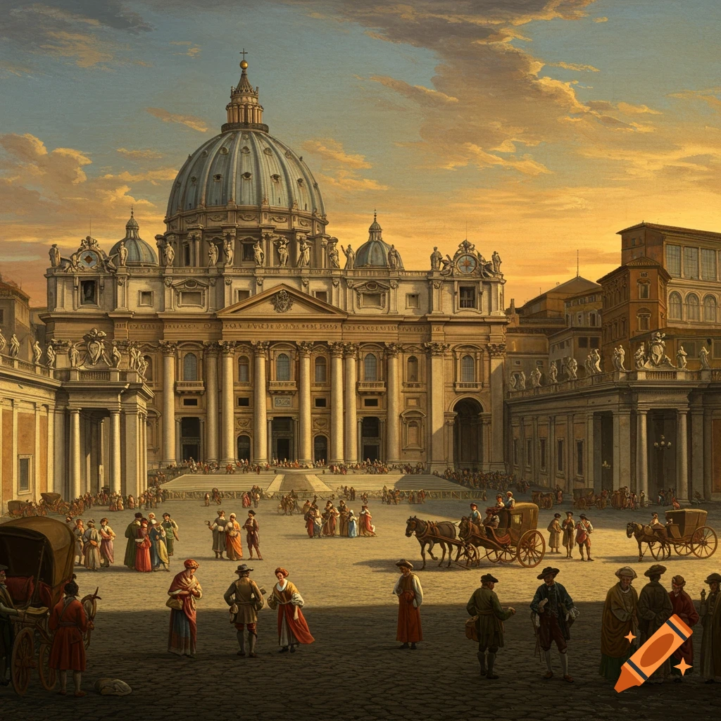 Painting of St. Peter's Basilica square with people and carriages under a sunset sky.