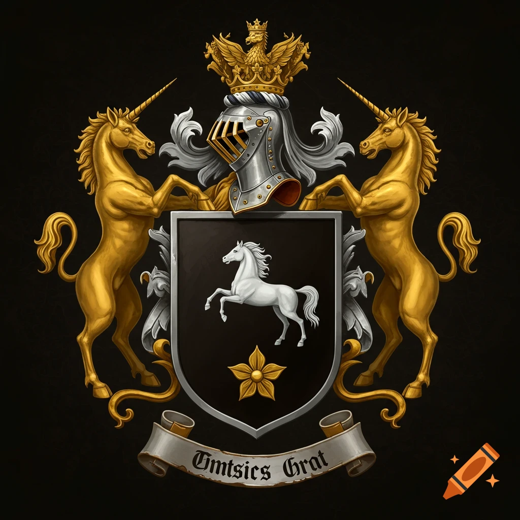 A coat of arms featuring a shield with a white horse and flower, supported by golden unicorns. Topped with a helmet and crown.