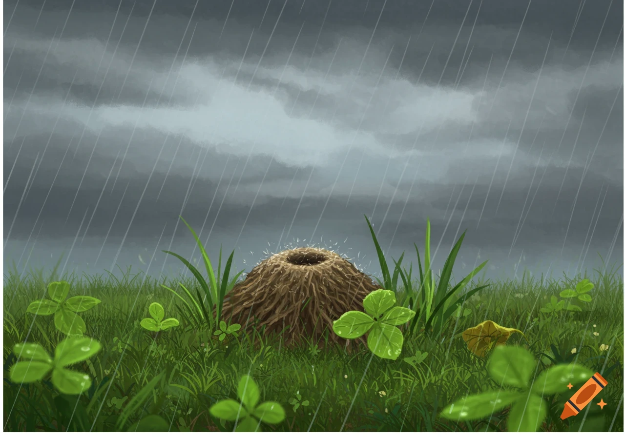 An illustrated scene of an anthill in the grass and clover under a grey sky with rain falling.