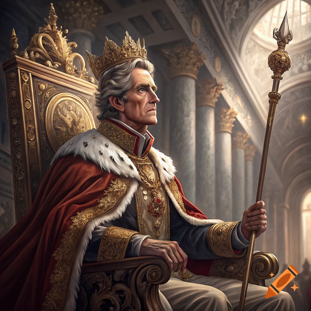 A man styled as a king sits on a golden throne in a grand hall, holding a scepter.