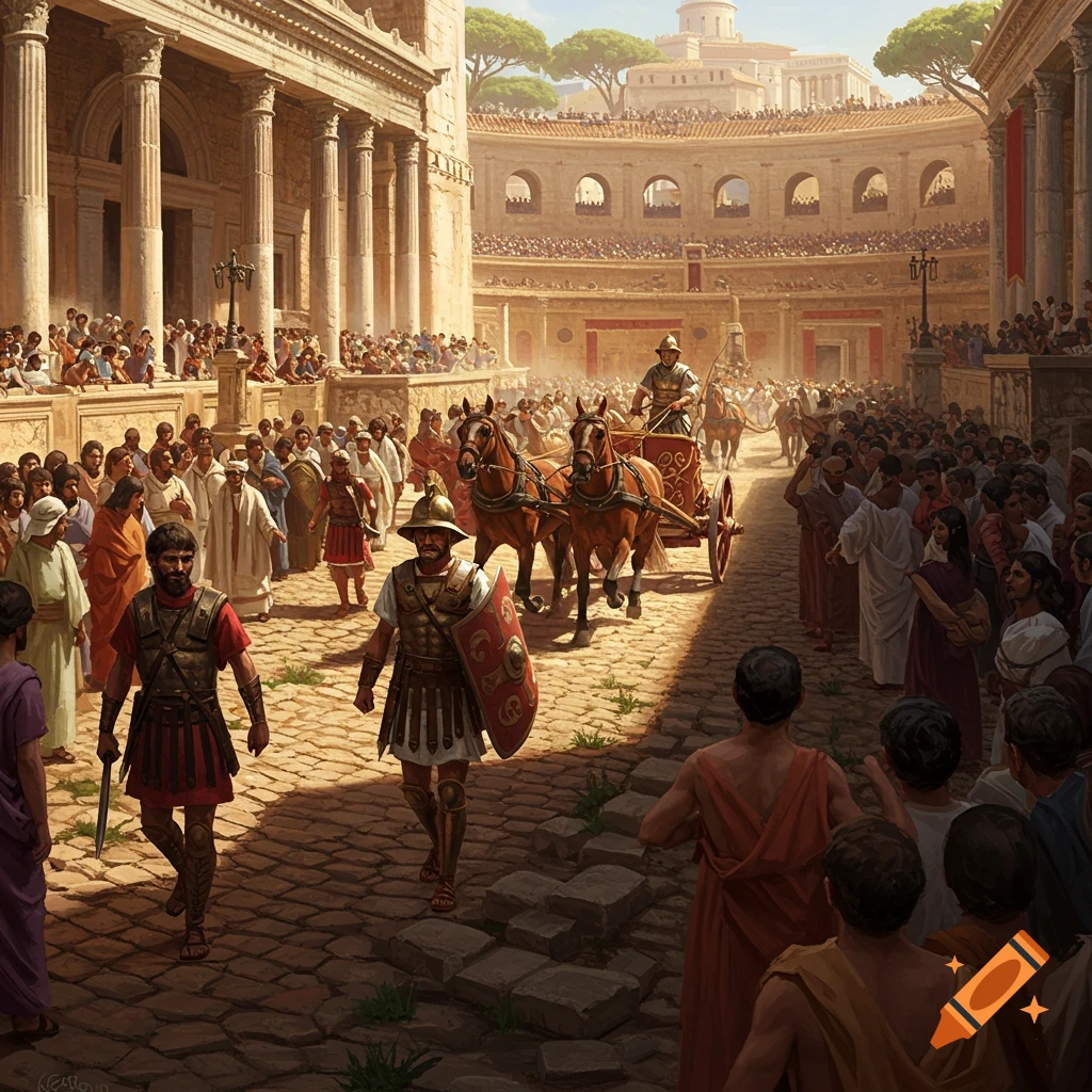 Street scene in Ancient Rome with gladiators, chariot procession, and large crowds.