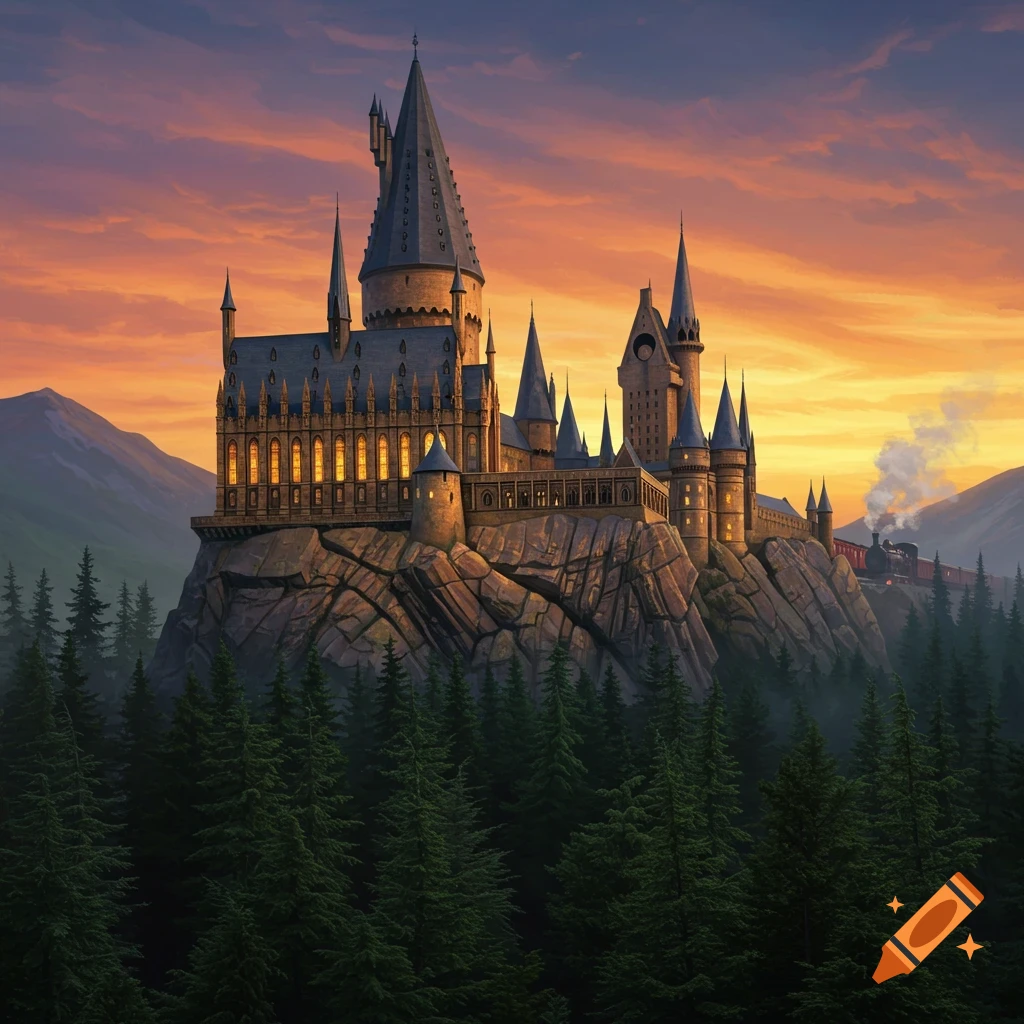 Hogwarts castle on a rocky hill at sunset, with trees and a train in the distance