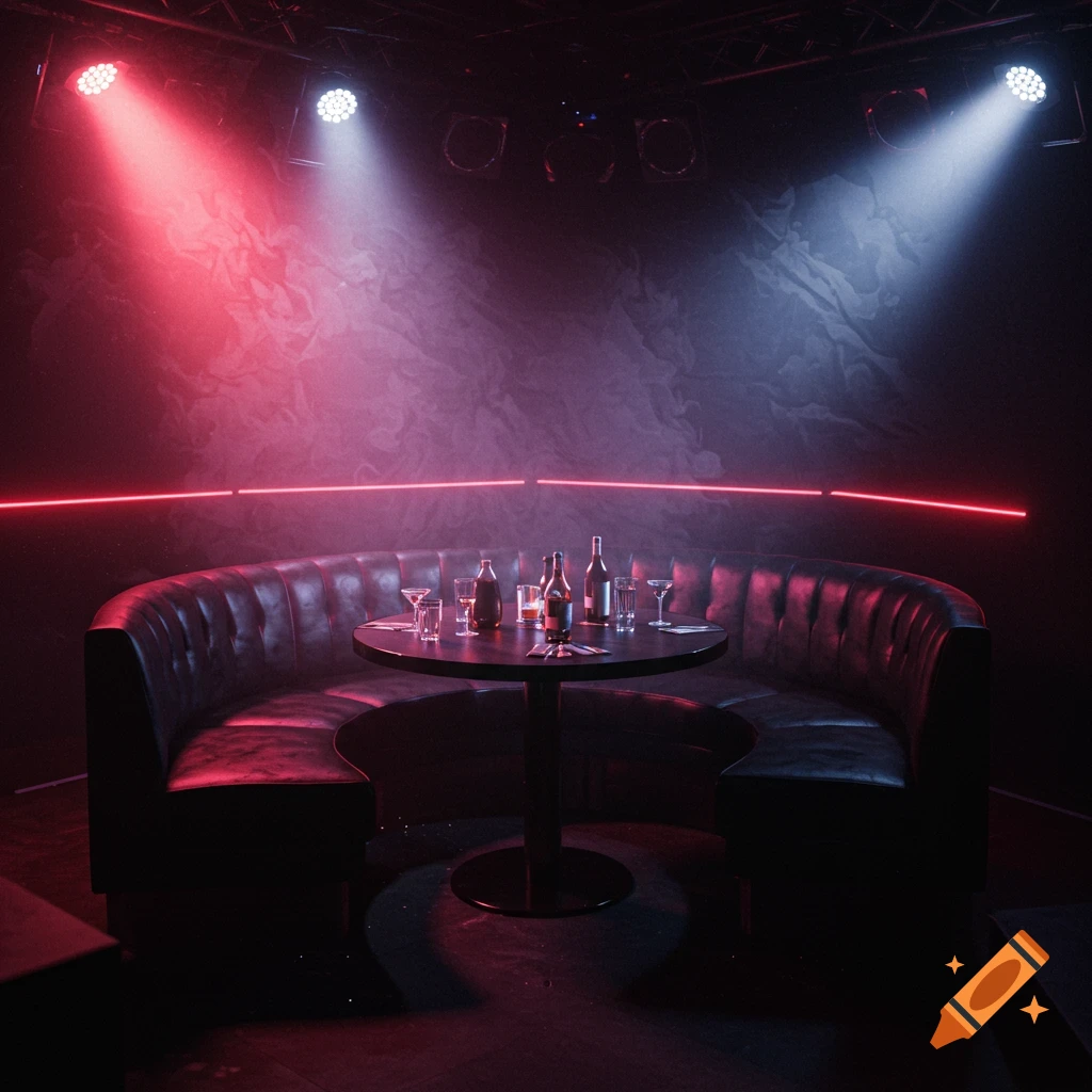Curved black leather booth and round table set with bottles and glasses under red and blue spotlights and a red neon line in a dark club setting.