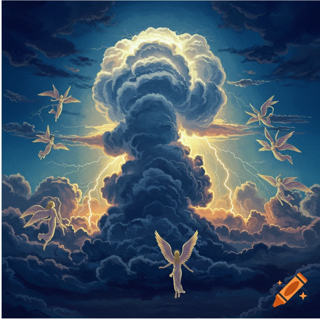 Angels flying around a turbulent cloud with lightning strikes in a dramatic sky.