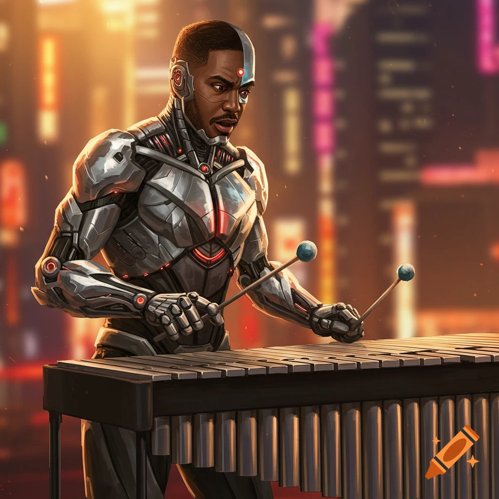Cyborg playing a vibraphone in a city setting.
