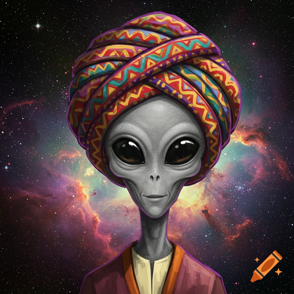 A portrait of a gray alien wearing a colorful patterned turban against a backdrop of stars and nebulae.