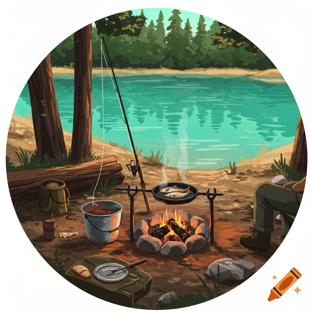 An illustration of a person cooking fish over a campfire by a lake, with a fishing rod nearby.