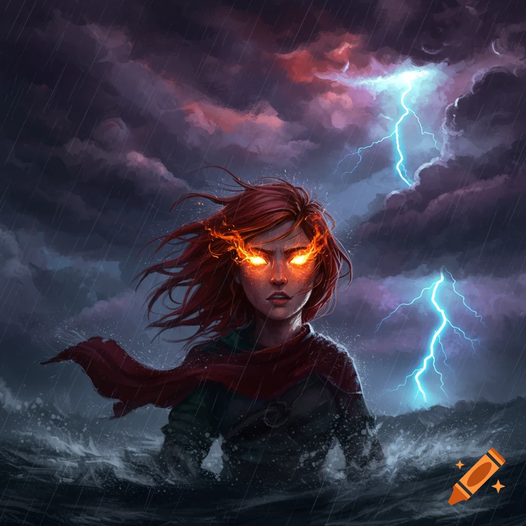 Illustration of a lone figure with fiery eyes standing in a storm with lightning