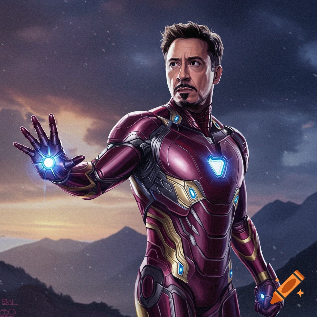An illustration of a man in a red and gold suit resembling Iron Man, standing with a glowing hand against a mountain sunset background.