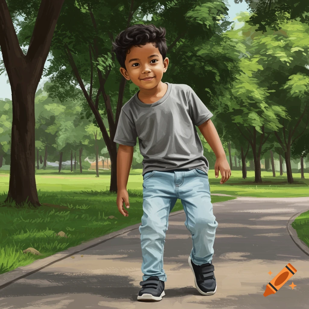 A young boy walks on a path in a park. He wears a grey t-shirt and light blue jeans.