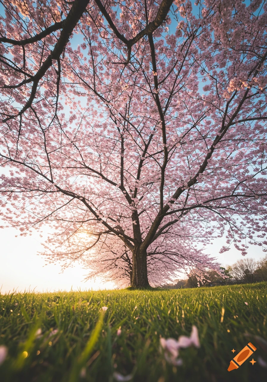 A cherry tree in full bloom against a sunset sky, seen from ground level through tall grass.