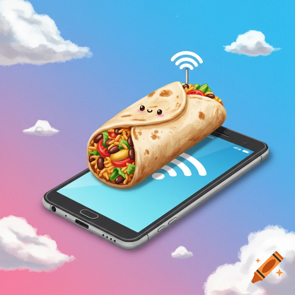 A cartoon burrito with a face sits on a smartphone with a WiFi signal. Illustrated.