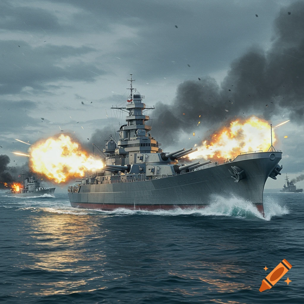 Large battleship firing its guns during a naval battle on the ocean.