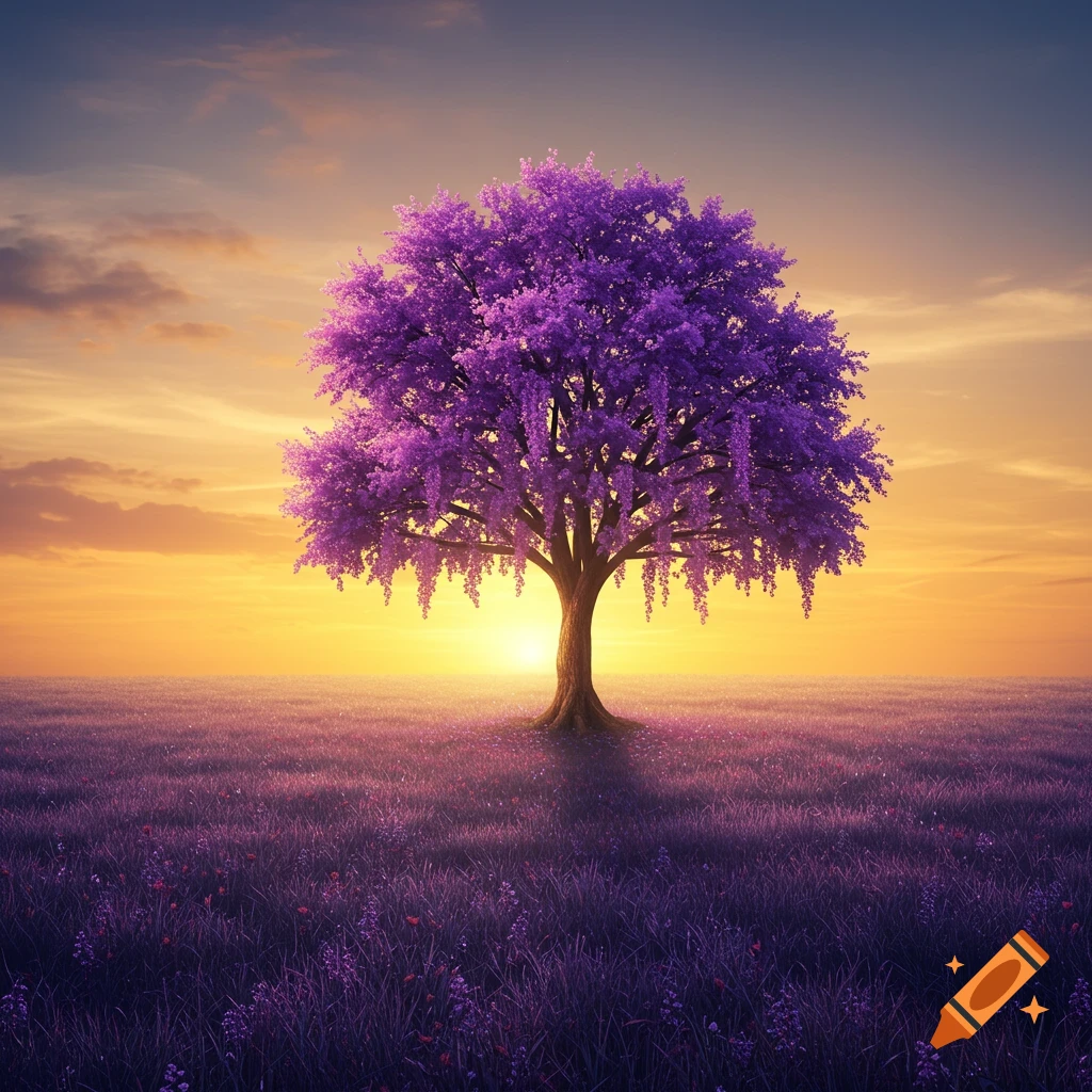 A vibrant purple tree stands in a field of purple flowers against a sunset sky.