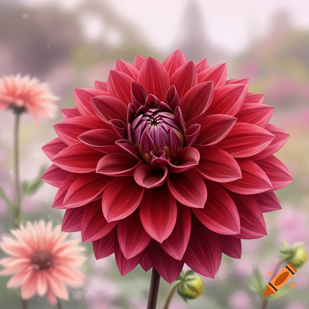 Close-up of a vibrant red dahlia flower with a blurred floral background.