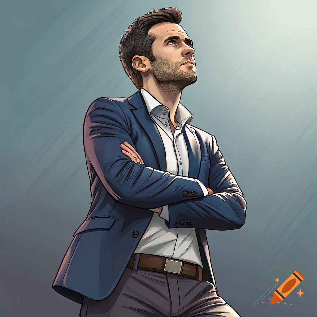 Illustration of a man in a blue suit with crossed arms looking up.