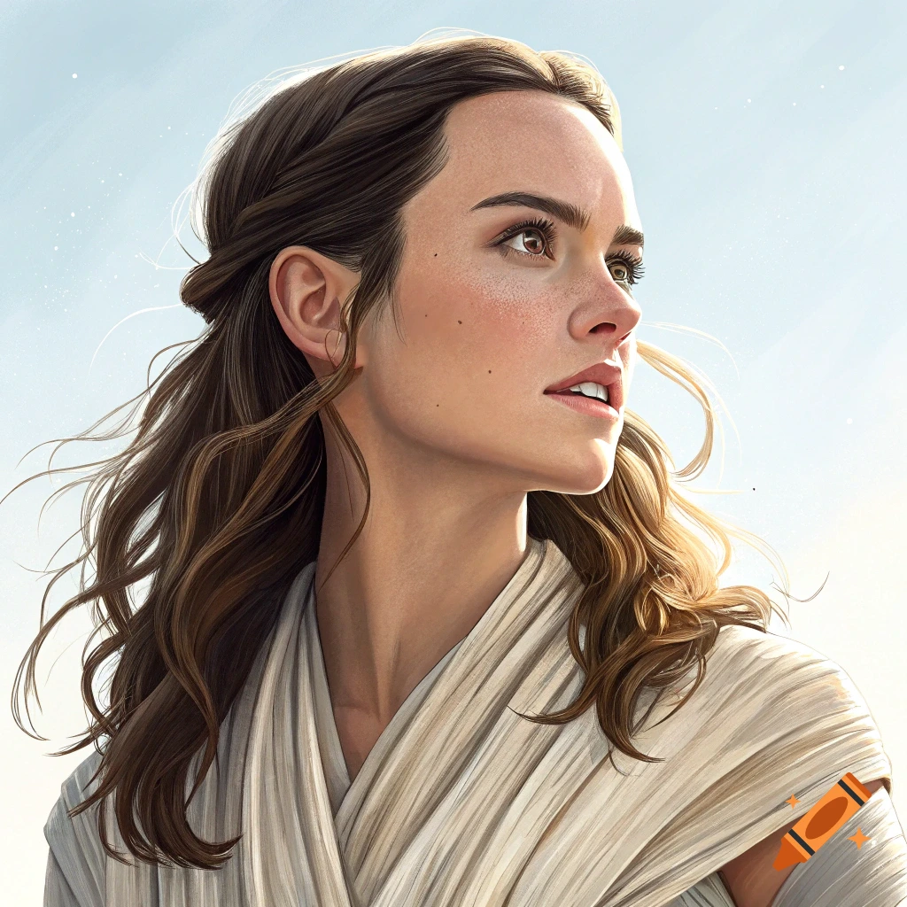 Detailed digital portrait of a woman with brown hair looking up, wearing draped clothing against a bright sky.