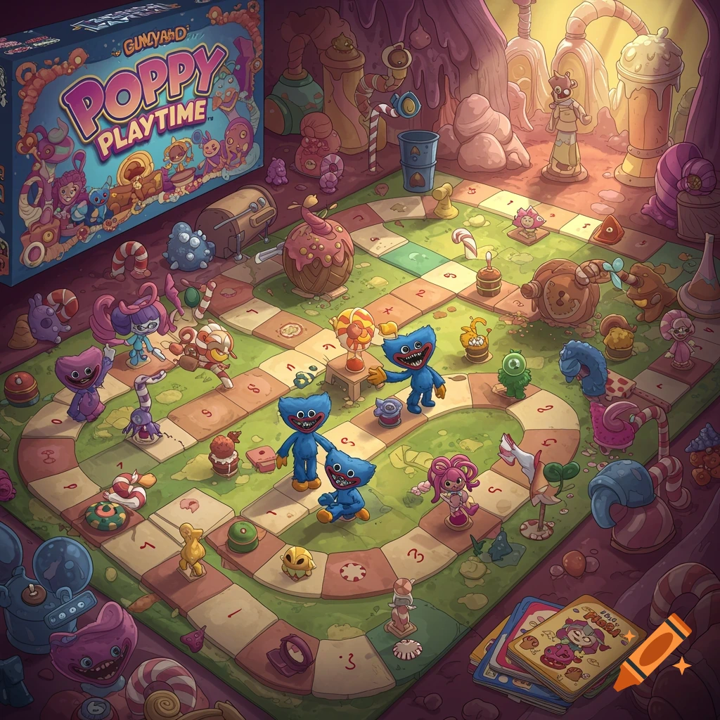 Illustration of a Poppy Playtime themed board game set in a colorful candy land world.