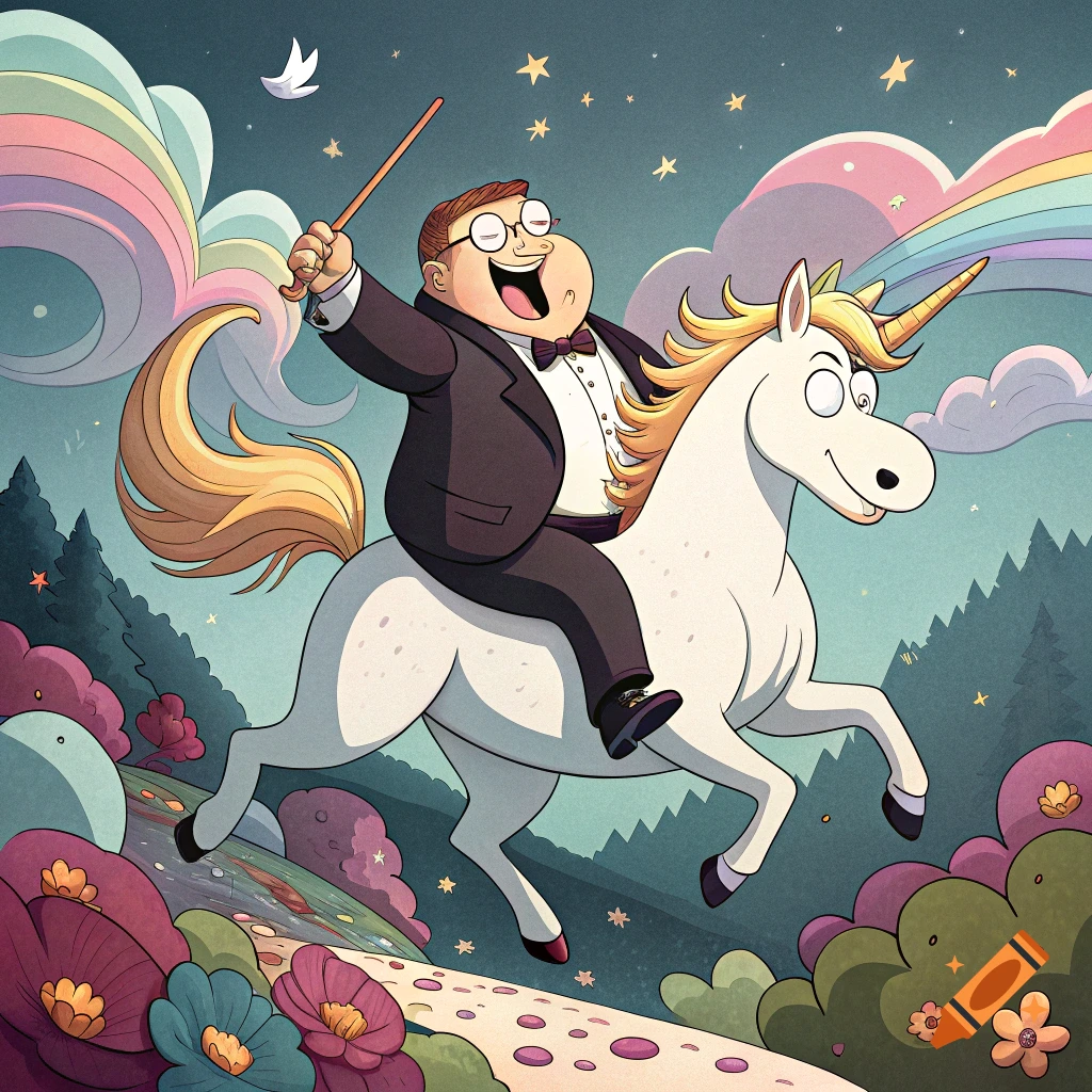 Cartoon man in a tuxedo rides a unicorn through a colorful, starry landscape with rainbows.