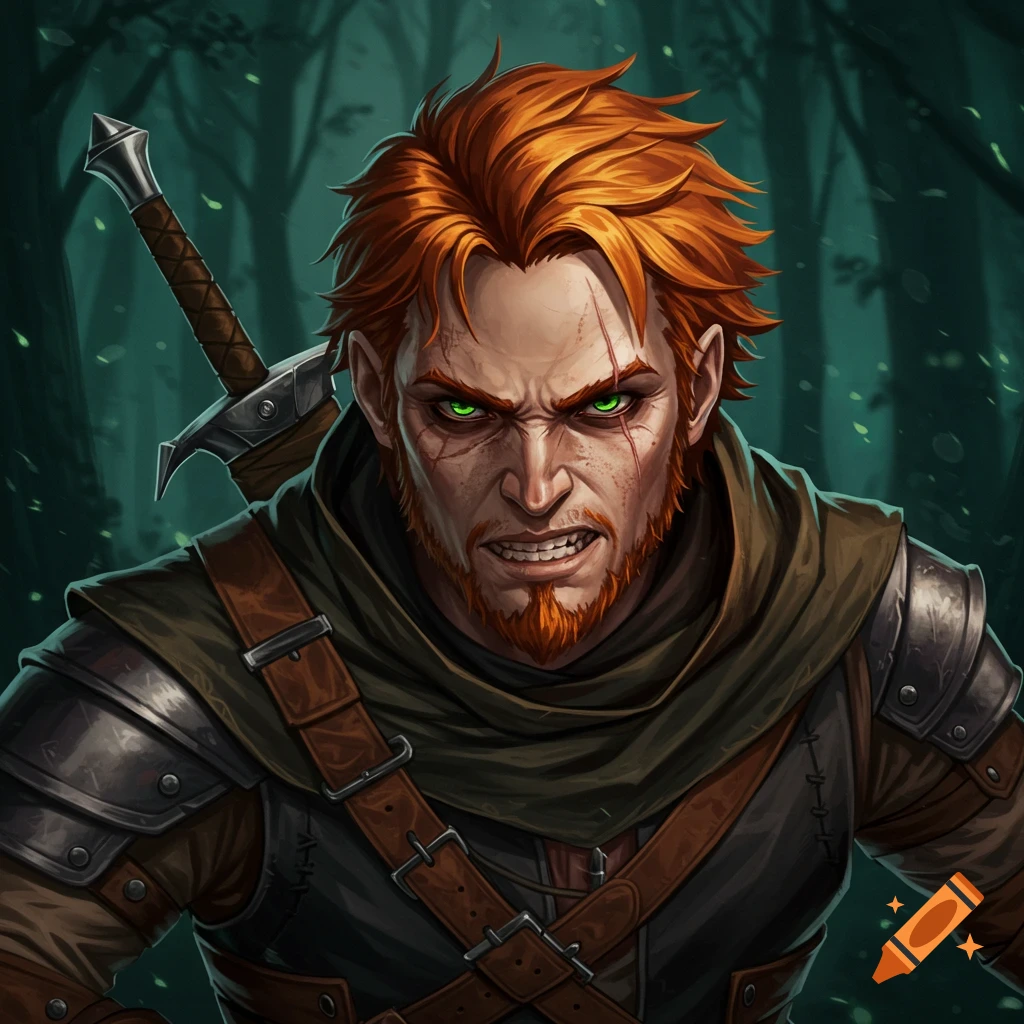 A portrait of a fantasy rogue with red hair, green eyes, and scars, wearing leather armor with a sword on his back against a forest background.