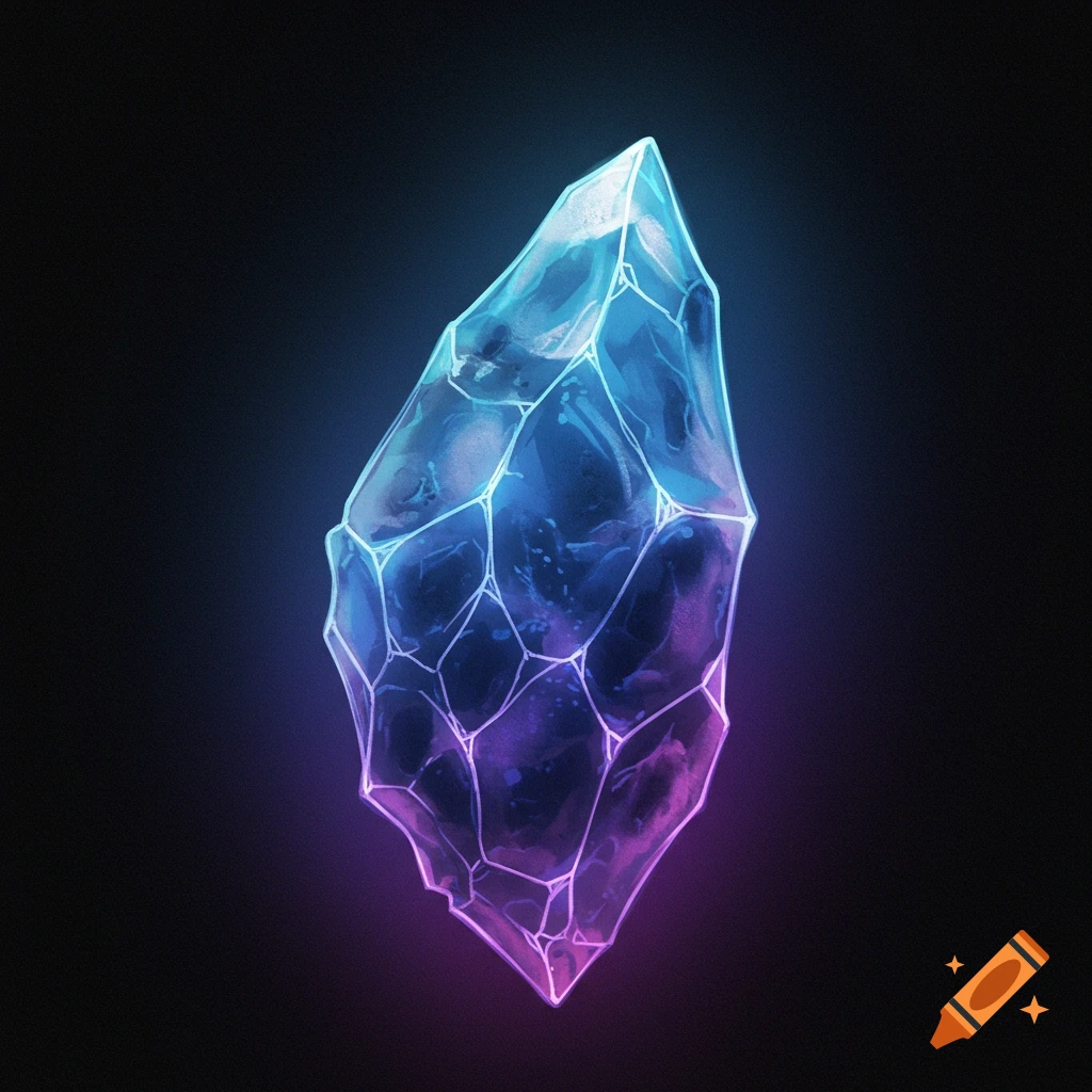 A glowing blue and purple crystal on a black background.