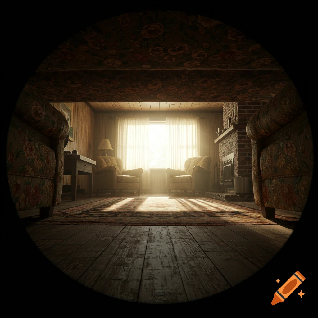 Low angle view of a rustic room interior with armchairs, a fireplace, and bright window light.