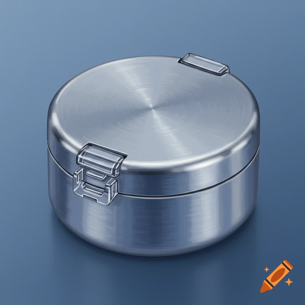 A round, metallic container with transparent latches on a blue background, rendered in a technical style.