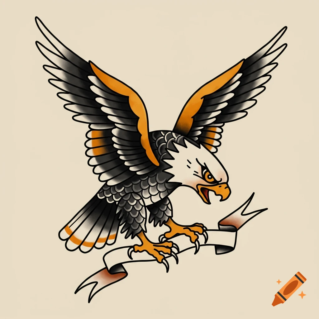 Traditional tattoo style illustration of an eagle with spread wings gripping a banner.