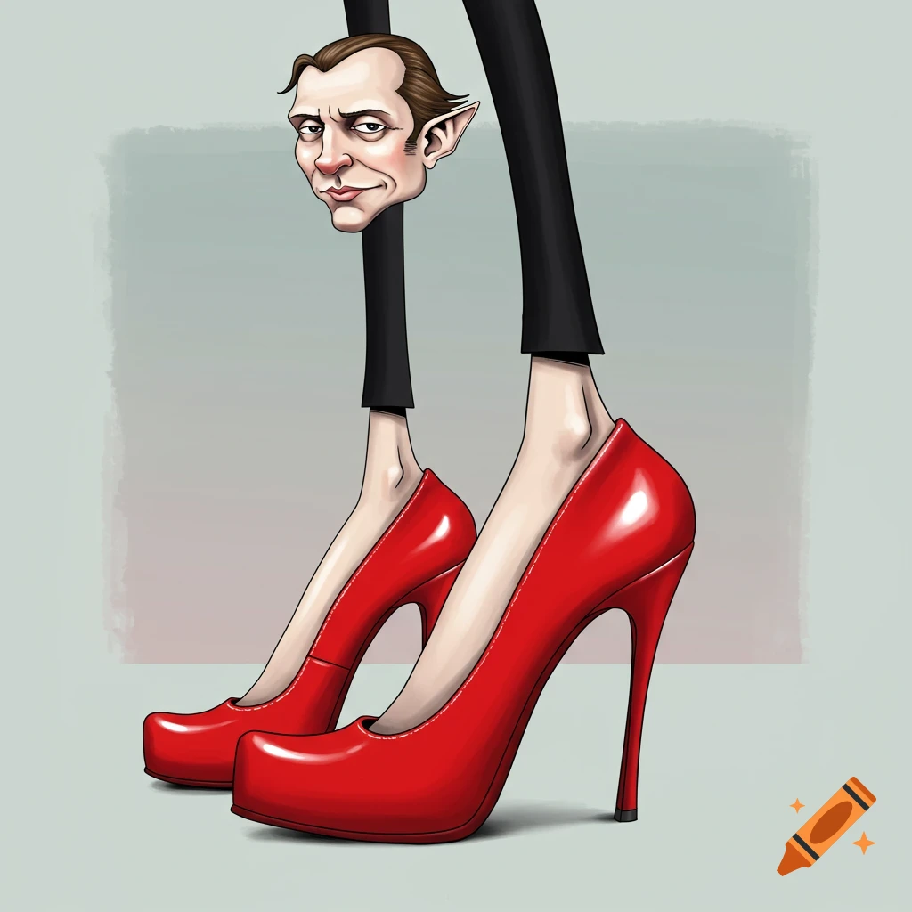 Illustration of a man's head on legs wearing black pants and red high heels.