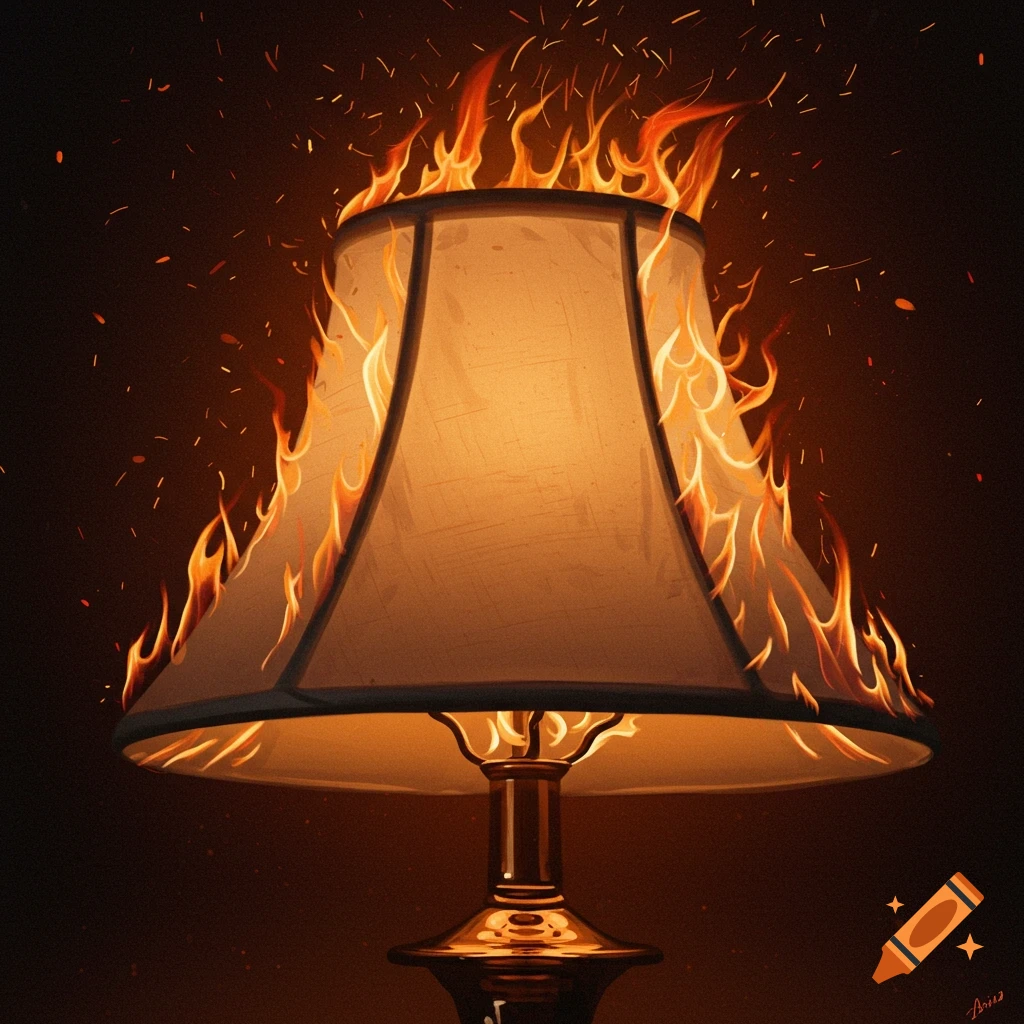 A lampshade is engulfed in flames with sparks flying.